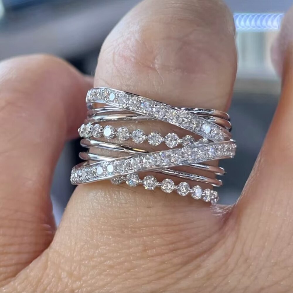 NEW 18k White Gold Diamond Ring Layer Wide Ring Band
